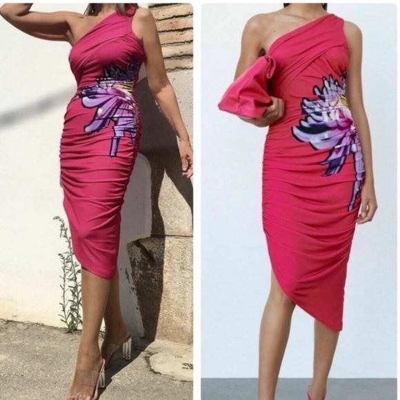 New Zara Side Flower Draped One Shoulder Barbie Pink Blogger FaveMidi Dress XS - Picture 1 of 15